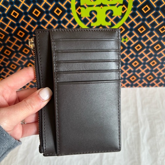 Tory Burch Britten Soft Zip Card Case Mini Wallet Dark Mahogany Gold Brown - Picture 5 of 7